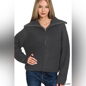 Zenana High Neck Full Zip Sweater Cardigan